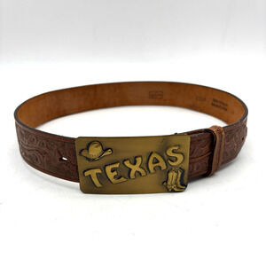 Vintage 70s Lyntone 2357 Brown Acorn Tooled TEXAS Solid Brass Buckle Belt 26-29"